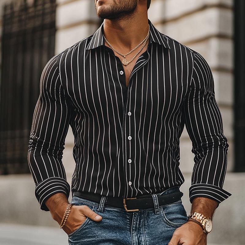 Men's Retro Casual Striped Lapel Long Sleeve Shirt 00084509TO