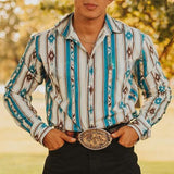 Men's Western Denim Stripe Printed Vacation Long Sleeve Shirt 43560067X