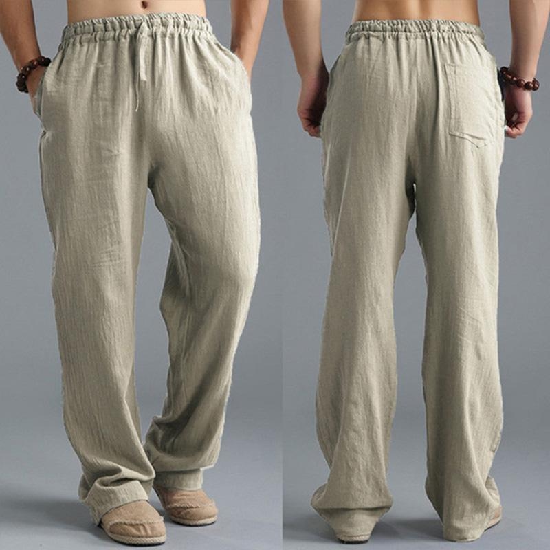 Men's Casual Loose Cotton Linen Breathable Elastic Waist Trousers 31442547M