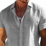 Men's Cotton and Linen Solid Color Lapel Short-sleeved Shirt 38995060X