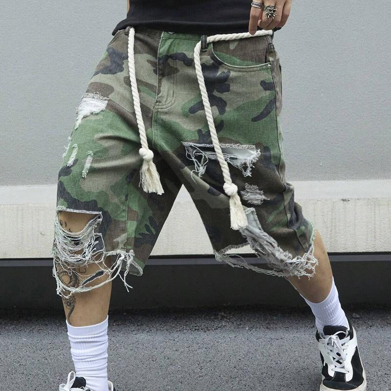 【24-hour shipping】Men's Camouflage Washed Ripped Cropped Trousers 68286396Y