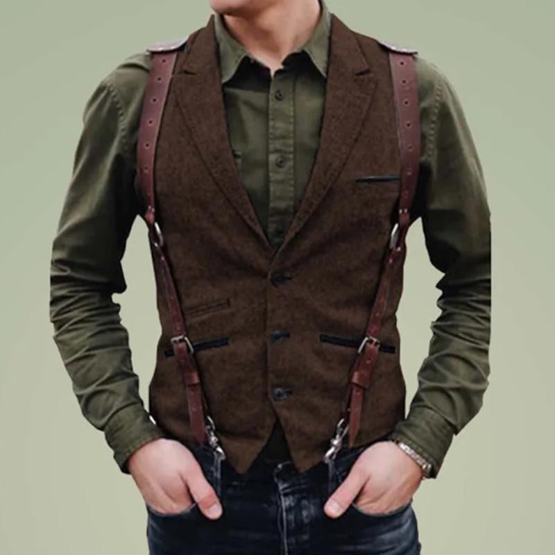 Men's Vintage Lapel Single-Breasted Multi-pocket Herringbone Vest 59356841M