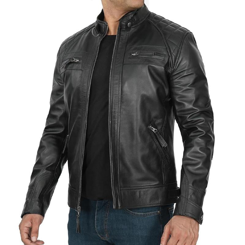 Men's Quilted Panel Zip-Up Leather Jacket 39192184X