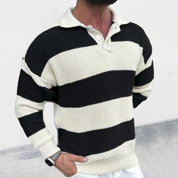 Men's Casual Color Block Polo Collar Long Sleeve Pullover Sweater 14838103M