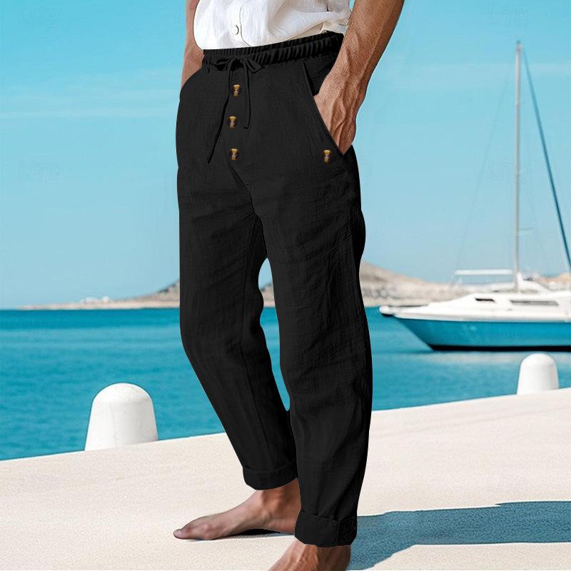 Men's Beach Solid Color Cotton and Linen Drawstring Pants 80434182Y