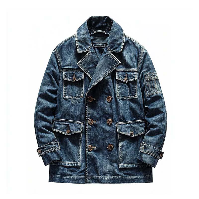 Men's Classic Casual Double Breasted Multi-Pocket Denim Jacket 86085077K