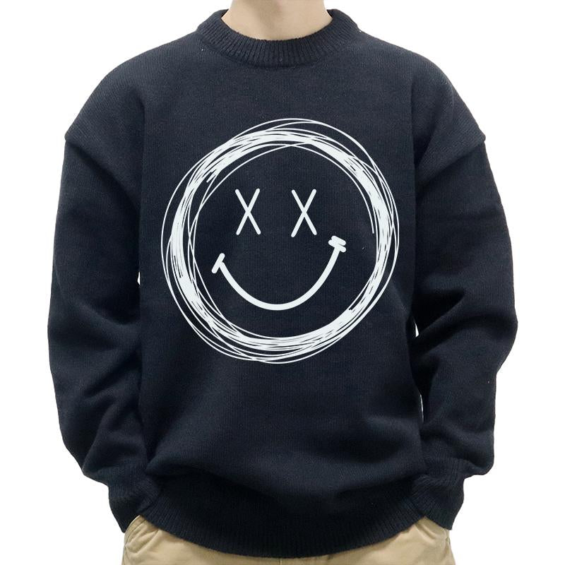 Men's Casual Round Neck Smiley Print Long Sleeve Pullover Sweater 95602516M