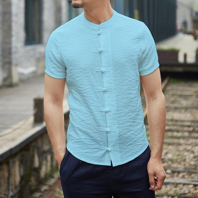 Men's Vintage Stand Collar Cotton Linen Short Sleeve Shirt 40504441M