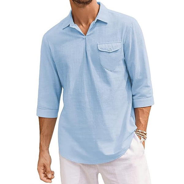 Men's Casual Solid Color Lapel Cotton Linen 3/4 Sleeve Shirt 75900744M