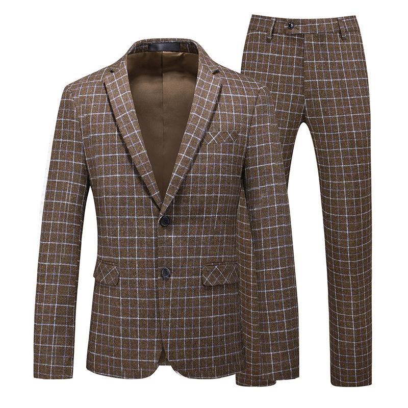 Men's Business Casual Plaid Woolen Blazer And Trouser Set 11907531Y
