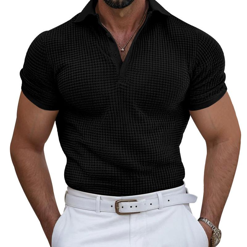 Men's Casual Waffle Lapel Slim Fit Short Sleeve Polo Shirt 22672777M