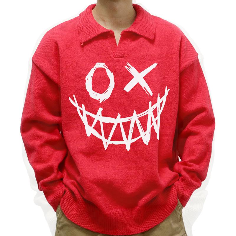 Men's Casual Polo Collar Funny Smiley Print Long Sleeve Pullover Sweater 07235725M