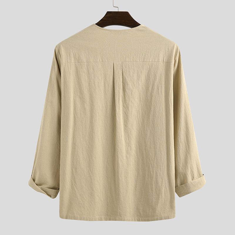 Men's Classic Casual Drawstring Cotton And Linen Stand Collar Long Sleeve Shirt 26791234K