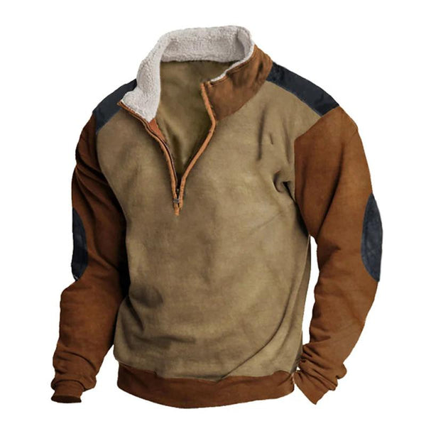 Men's Vintage Outdoor Half-Zip Stand Collar Patchwork Fur Collar Sweatshirt 69297652Y