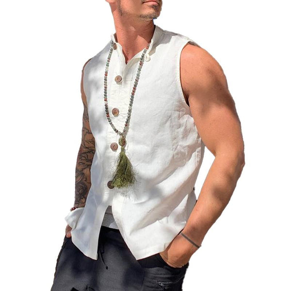 Men's Vintage Solid Color Stand Collar Sleeveless Tank Top 29655592Y