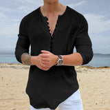 Men's Casual Solid Color V Neck Henley Neck Long Sleeve Shirt 13610037Y