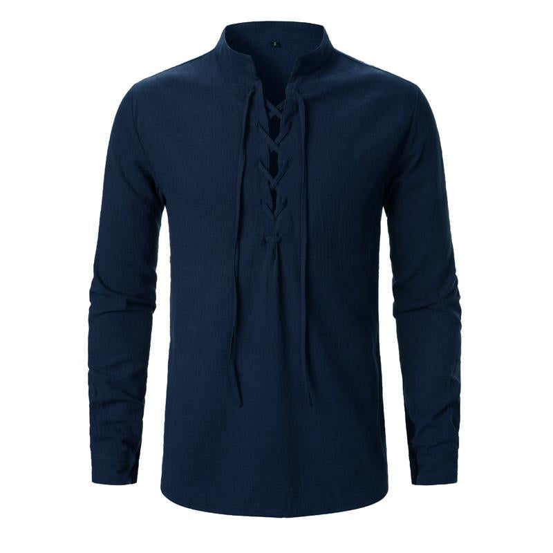 Men's Cotton and Linen Lace-up Casual Long-sleeved Shirt 63529919U