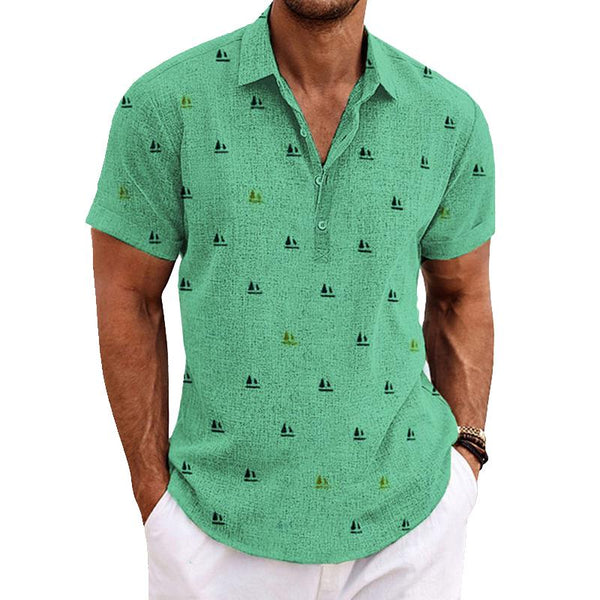 Men's Cotton and Linen Printed Lapel Short-sleeved Shirt 80351379X