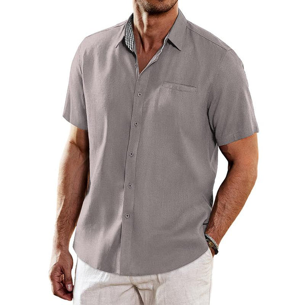 Men's Cotton and Linen Solid Color Lapel Short-sleeved Shirt 58692654X