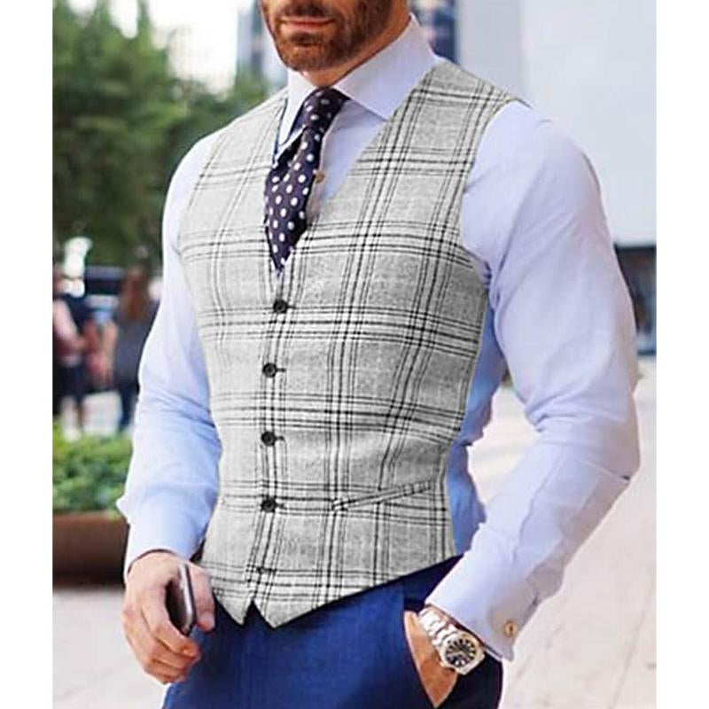 Men's Vintage Check Single Breasted V Neck Suit Vest 76608733Y