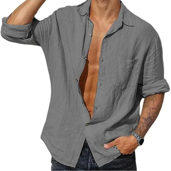 Men's Vintage Solid Linen Pocket Long Sleeve Shirt 32093917Y