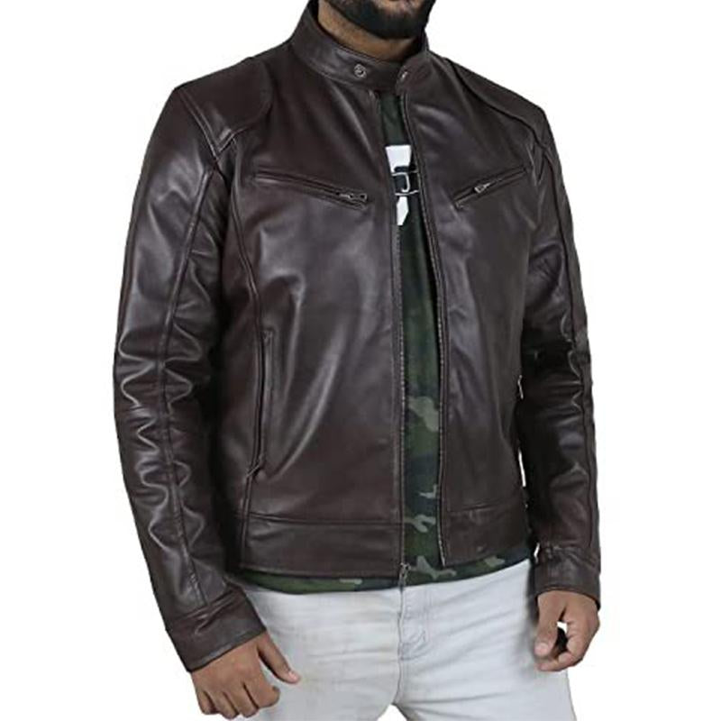 Men's Vintage Stand Collar Zipper Pocket Slim Leather Jacket 19024793M