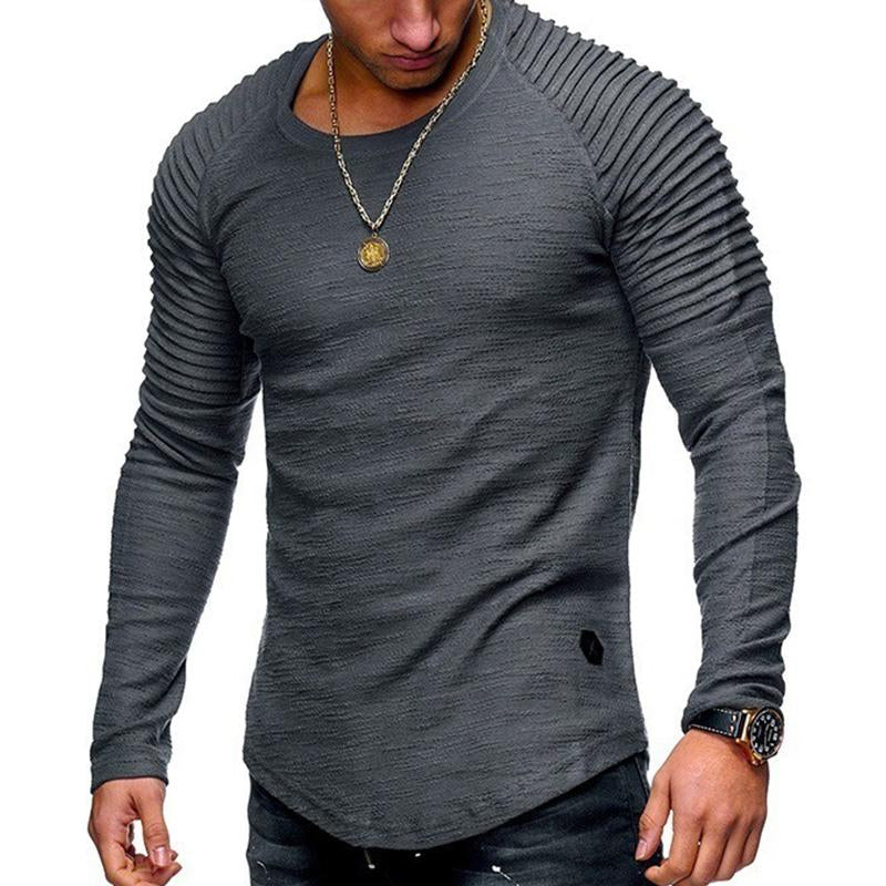 Men's Casual Solid Color Pleated Stitching Round Neck Long Sleeve T-Shirt 46273311M