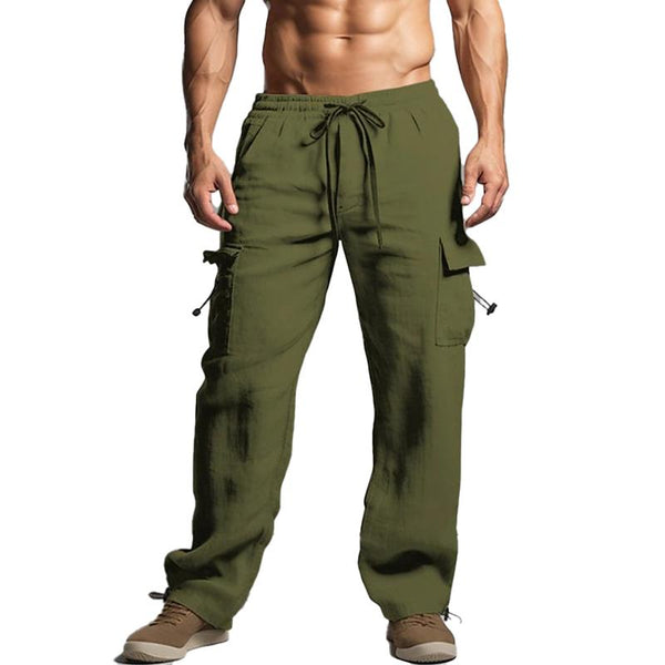 Men's Jogging Cotton Linen Drawstring Elastic Waist Multi Pocket Solid Color Trousers 14653855X