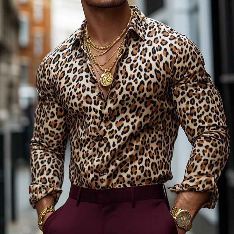 Men's Retro Casual Leopard Print Lapel Long Sleeve Shirt 25956513TO