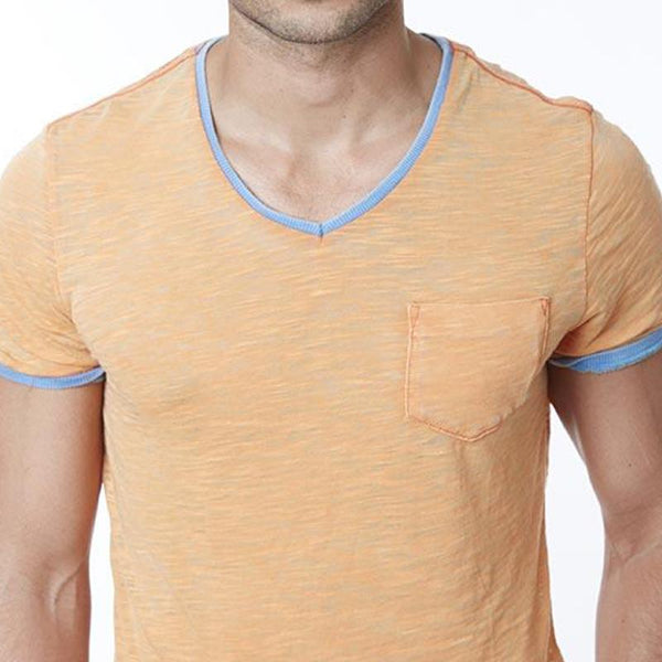 Men's Colorblock V-Neck Chest Pocket Short Sleeve T-Shirt 74213355Y