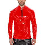 Men's PU Leather Mirror Shiny Long Sleeve Stand Collar T-shirt 35465584U