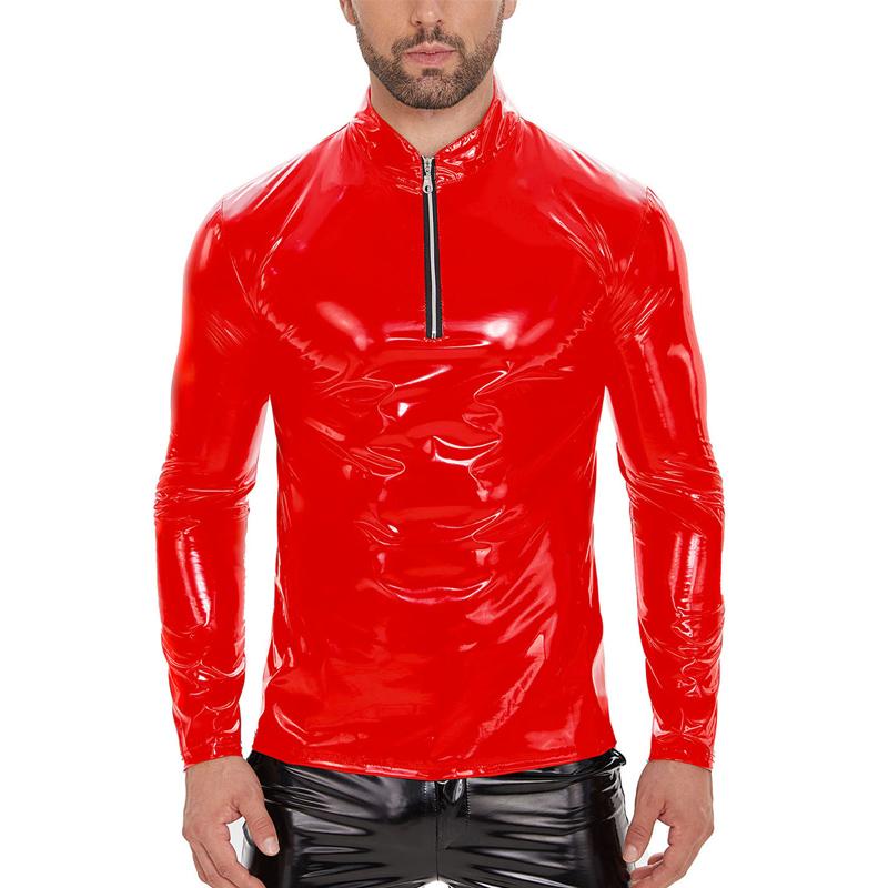 Men's PU Leather Mirror Shiny Long Sleeve Stand Collar T-shirt 35465584U