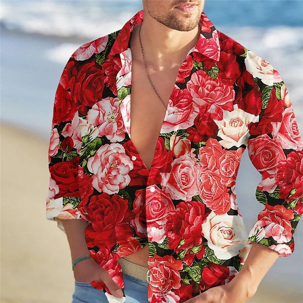 Men's Hawaiian Loose Rose Print Lapel Long Sleeve Shirt 82228008X