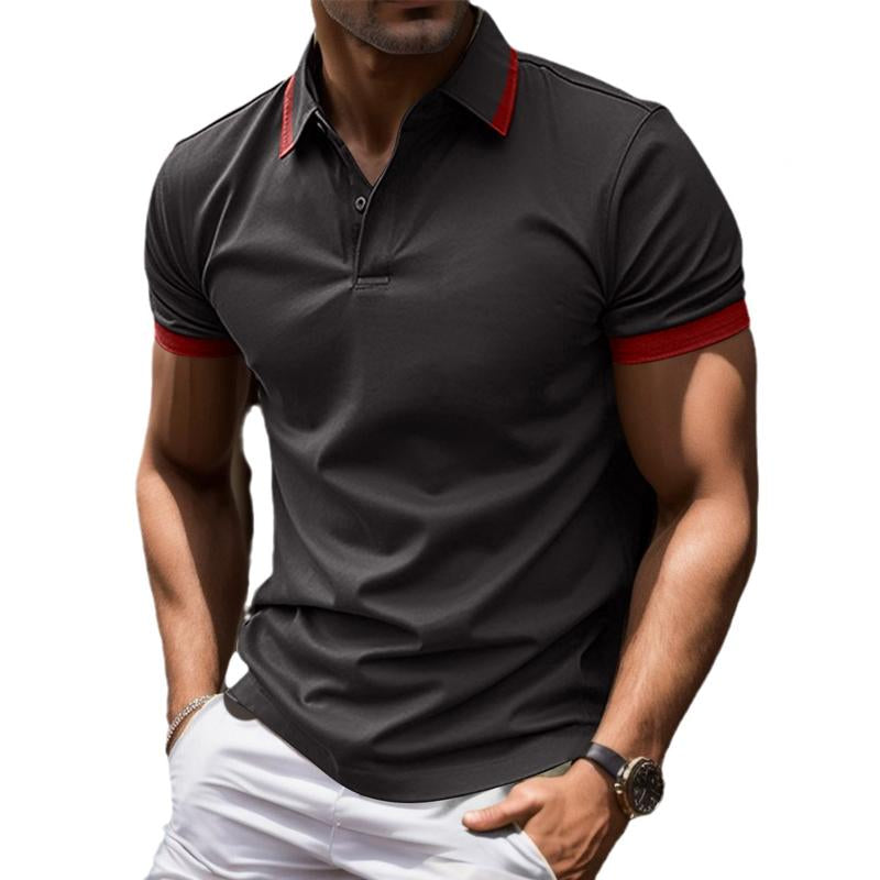 Men's Contrasting Color Casual Button Short Sleeve Lapel Polo Shirt 68604527X