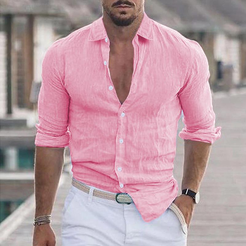 Chemise décontractée à manches longues et revers de couleur unie pour hommes 21280669Y