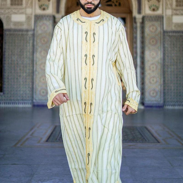Men's Ethnic Stripe Printed Long Sleeve Muslim Robe 94017641M