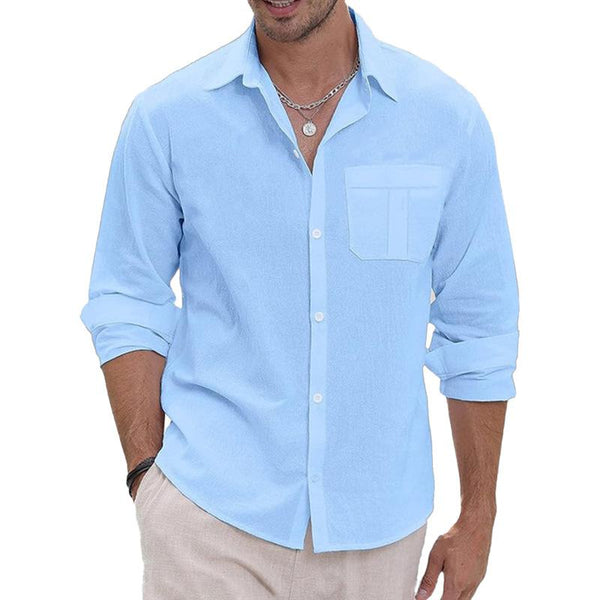 Men's Solid Lapel Breast Pocket Long Sleeve Shirt 04891589Z