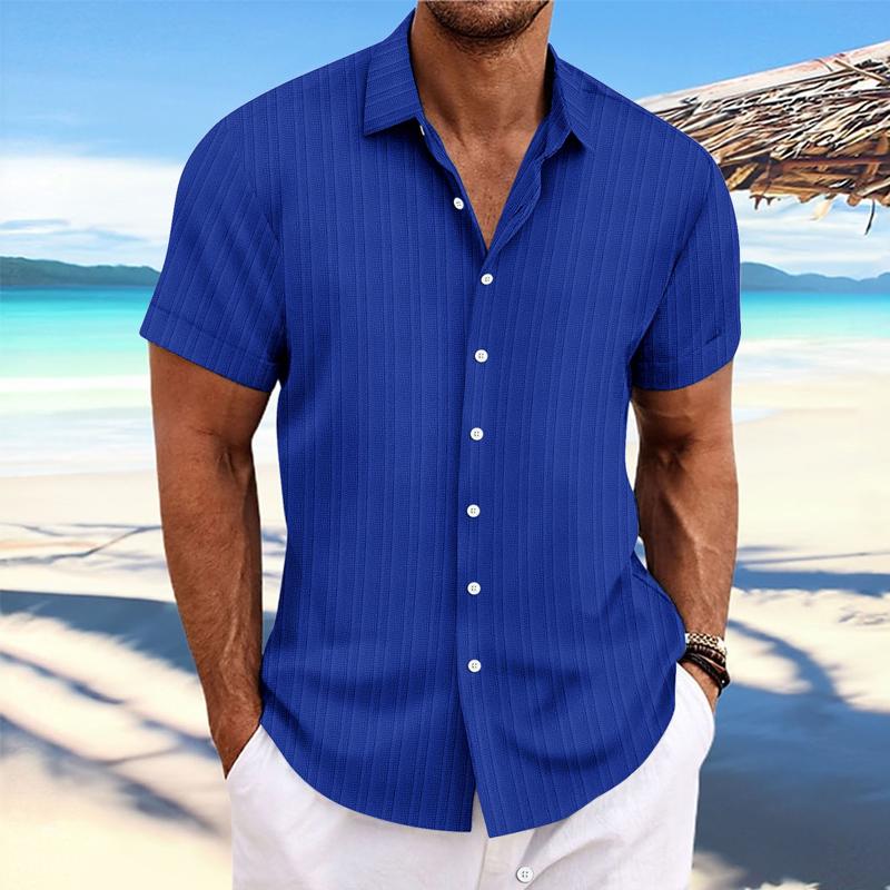 Camicia da uomo in cotone e lino a righe con risvolto, manica corta, ampia, 89995369X