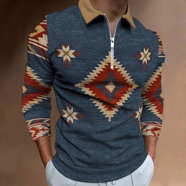 Men's Casual 3D Printed Zipper Long Sleeve POLO Shirt 26835406K