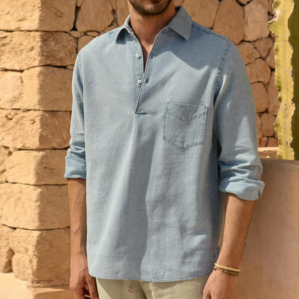 Men's Casual Cotton Linen Loose Lapel Pullover Long-sleeved Shirt 06411838M