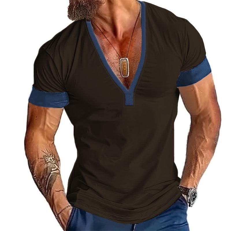 Men's Casual Cotton Blend Color Block V-Neck Short Sleeve T-Shirt 32802016M