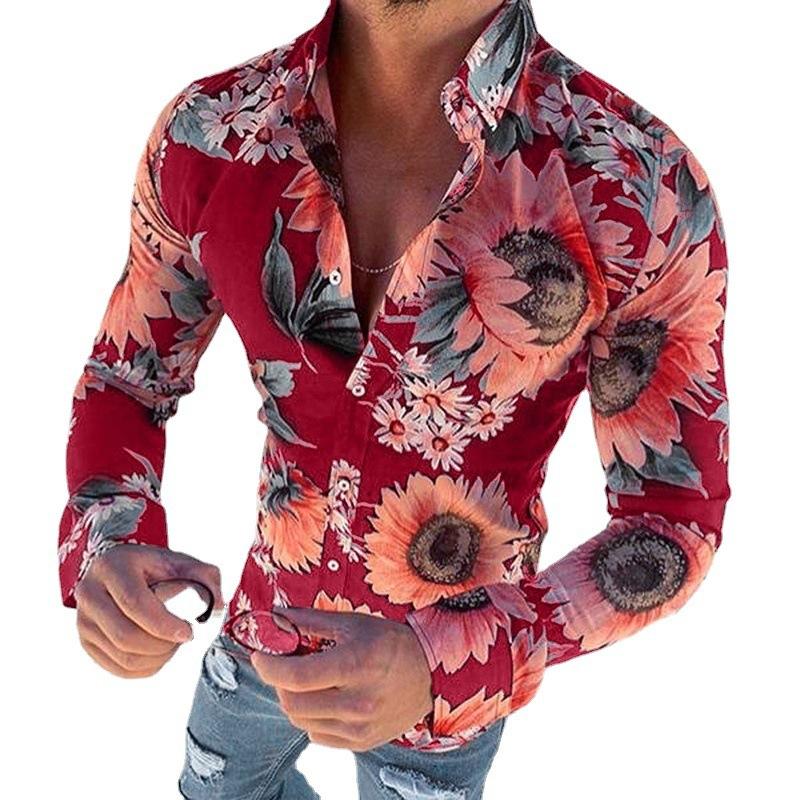 Men's Casual Sunflower Lapel Long Sleeve Shirt 73936003TO