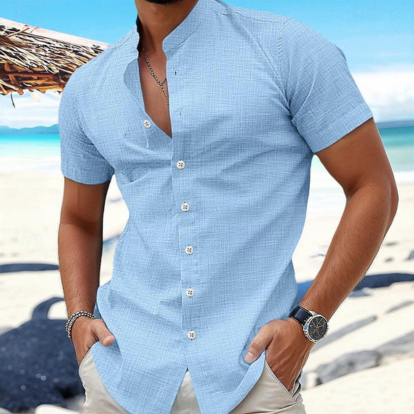 Men's Solid Color Cotton And Linen Stand Collar Short Sleeve Shirt 17744368Z