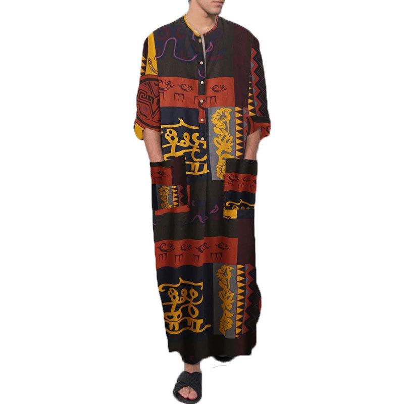 Men's Casual Striped Printed Long Sleeve Muslim Robe 67066619M