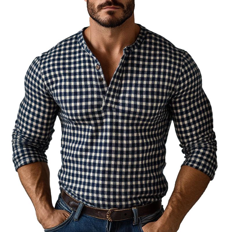 Men's Casual Plaid Henley Neck Long Sleeve T-Shirt 07008053X