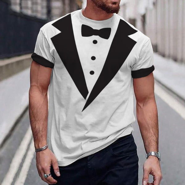 Men's Casual Bow Tie Printed Round Neck Short Sleeve T-Shirt 61614829TO