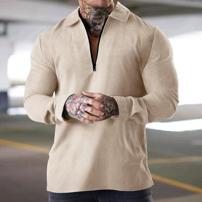 Men's Solid Waffle Zipper Lapel Long Sleeve Polo Shirt 15174557Z