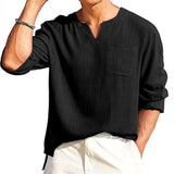 Men's Casual Solid Color V-Neck Chest Pocket Long Sleeve Shirt 89776575Y