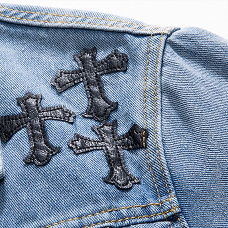 Men's Fashion Cross Patch Lapel Single Breasted Denim Jacket 84136194M