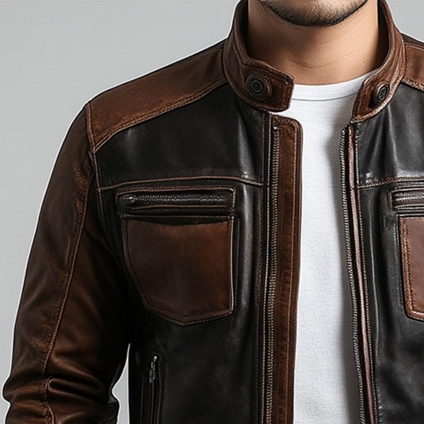 Men's Vintage Colorblock Zip-Up Leather Jacket 36469749U